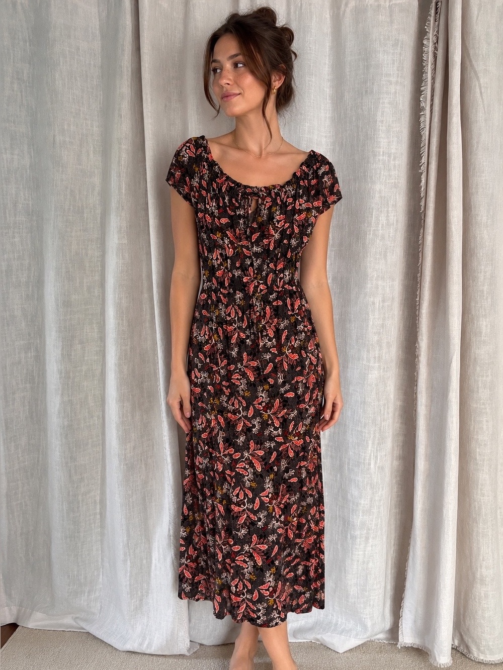 H&M Black polka dot off the shoulder maxi dress red paisley pattern size 12